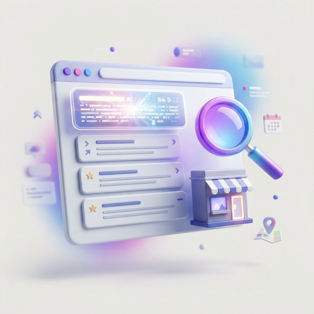A modern 3D illustration of a digital search interface and a business storefront icon.