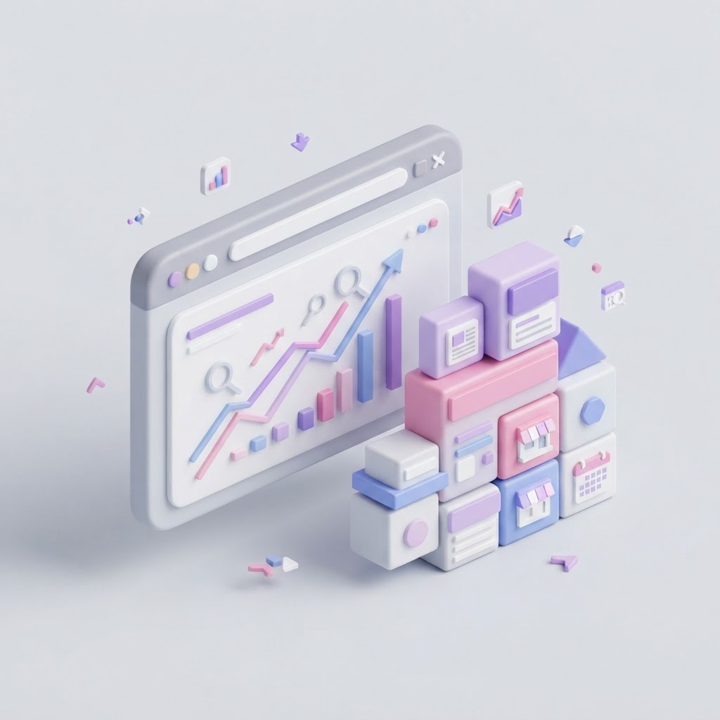 A minimalist 3D illustration of an analytical dashboard interface with abstract SEO growth icons.