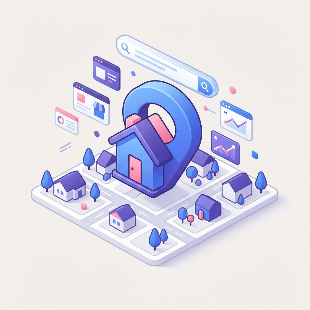 Isometric graphic featuring a house icon and map pin, representing local real estate SEO.