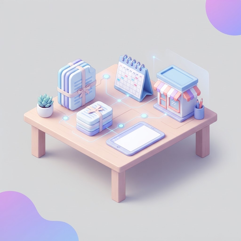 A 3D isometric illustration of a content planning workspace with calendar and storefront icons.