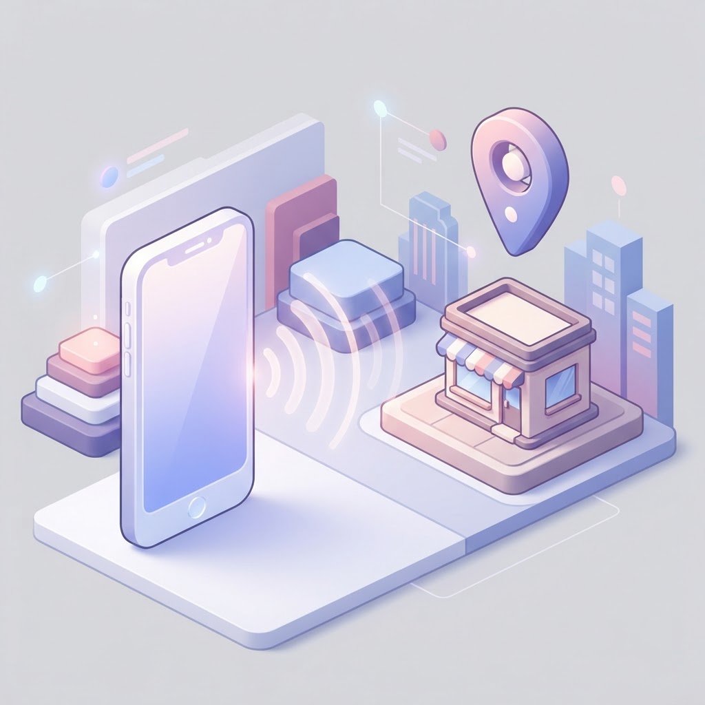 A 3D illustration showing a smartphone emitting sound waves toward a store icon and map pin.