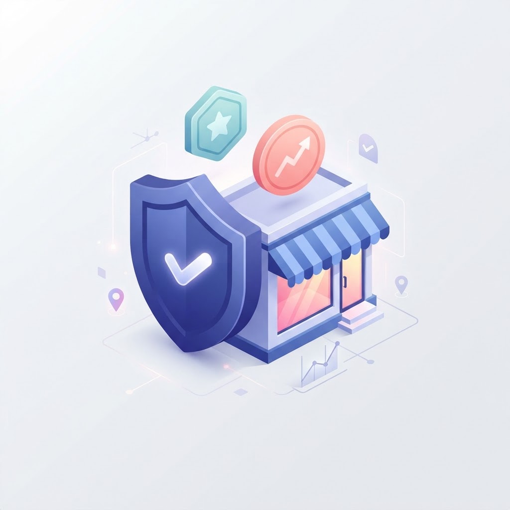 Isometric illustration of a storefront and verification shields representing trust badges.