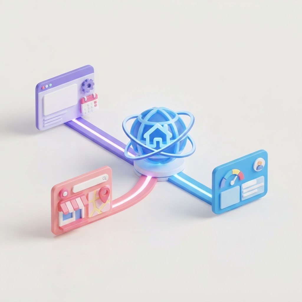 An illustration showing multiple smaller website modules merging into one central hub.
