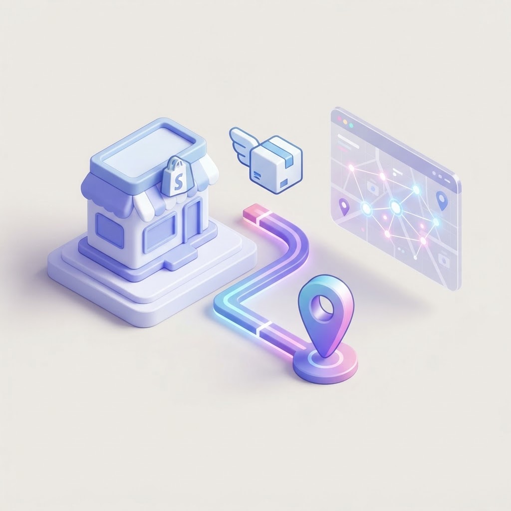 A 3D isometric graphic showing a retail storefront connected to a map pin and delivery package.