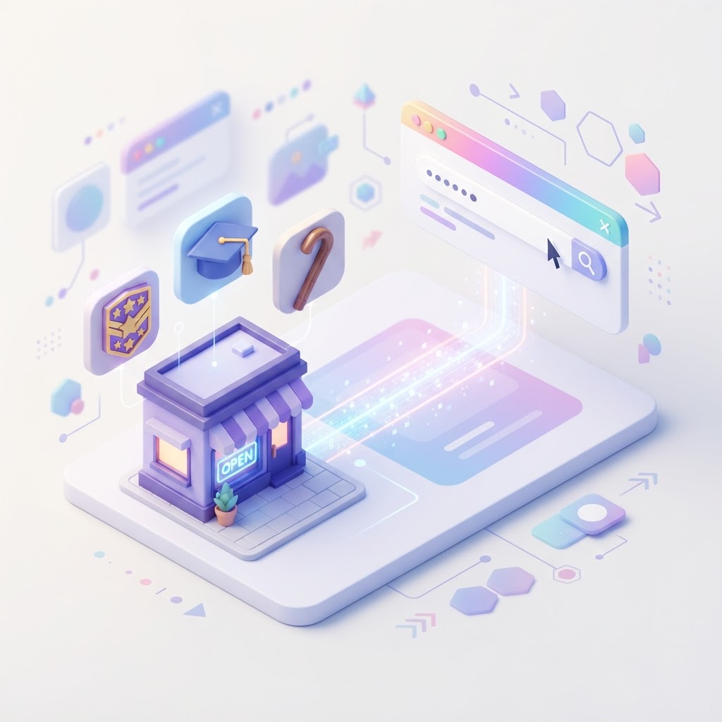 A 3D illustration showing a local store icon connected to a search bar with discount symbols.