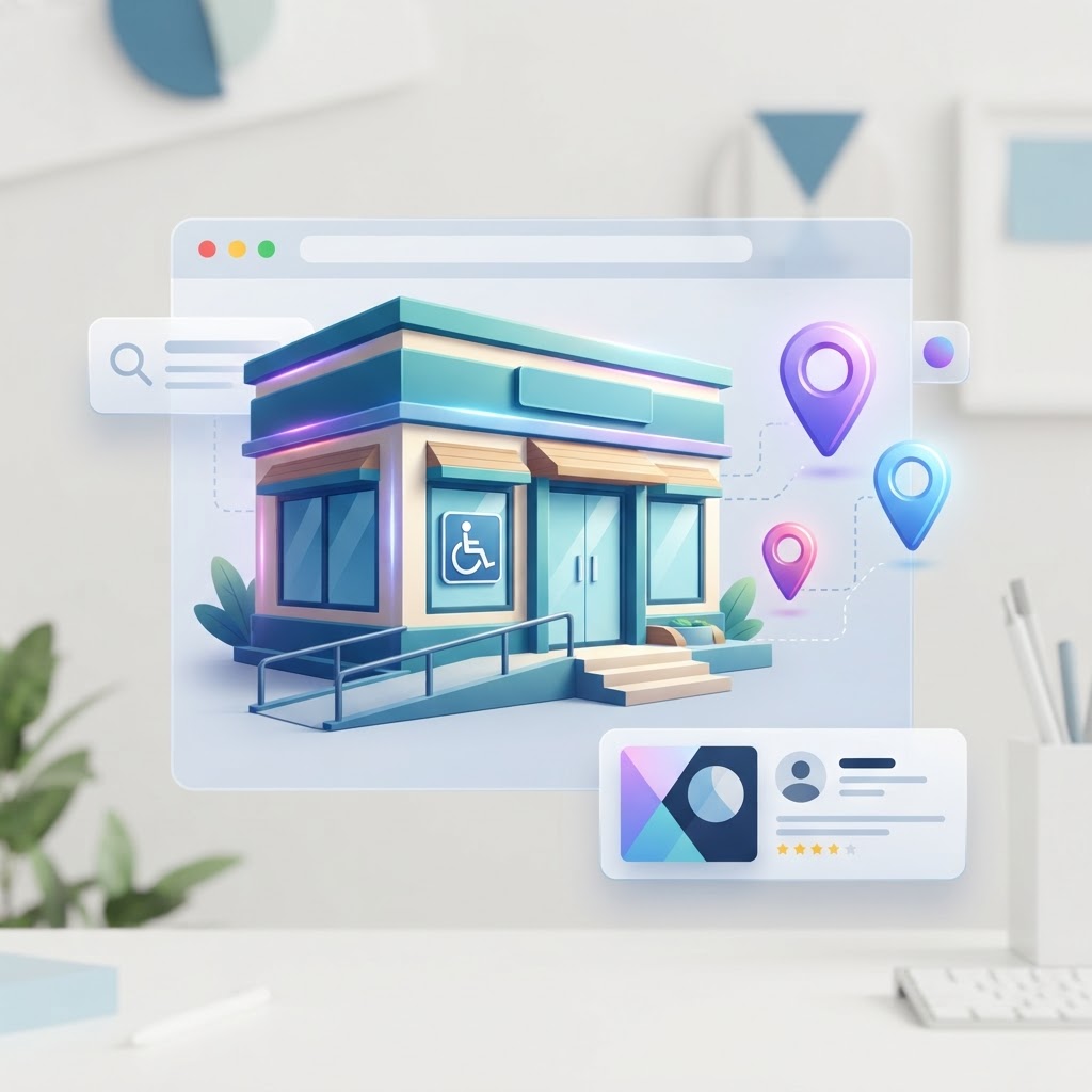 A 3D illustration of a storefront with accessibility icons on a digital interface.