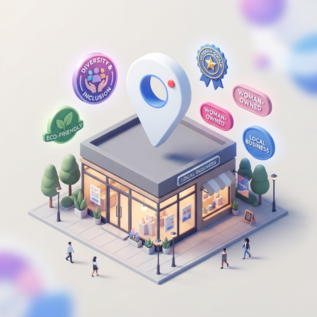 A 3D map pin icon above a storefront with colorful identity attribute badges floating nearby.