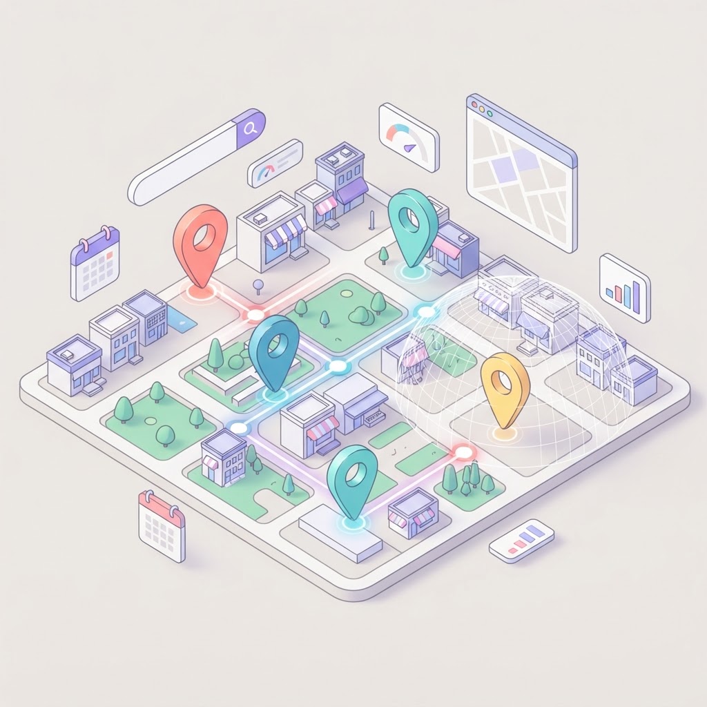 A 3D isometric neighborhood map with vibrant location pins and floating search interface icons.
