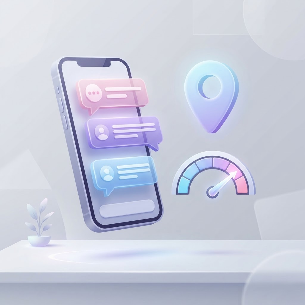 A 3D illustration featuring a smartphone with a chat bubble and a map pin to represent local chat.