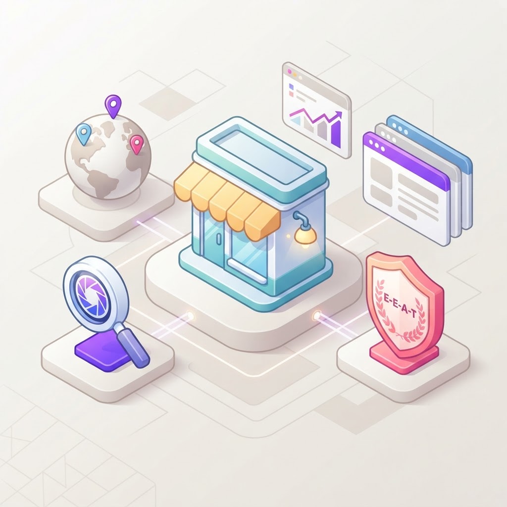 A 3D graphic showing a storefront icon, a magnifying glass, and a shield, representing page trust.