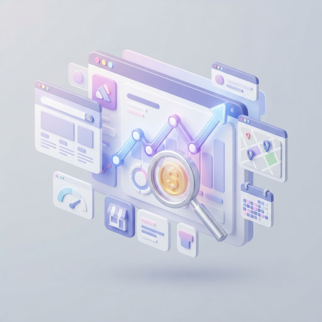 A 3D dashboard showing growth metrics and a magnifying glass highlighting currency symbols.