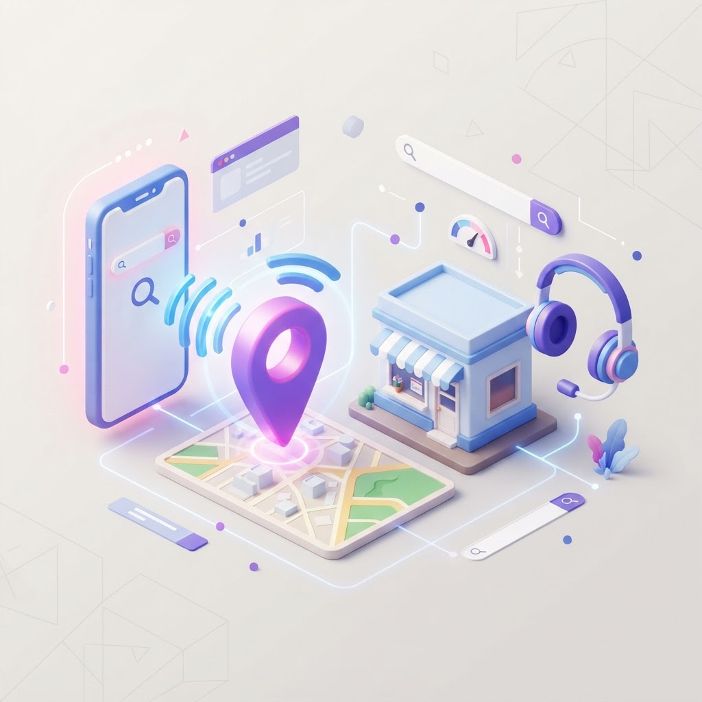 A 3D illustration featuring a smartphone, location map pin, and headset icons.