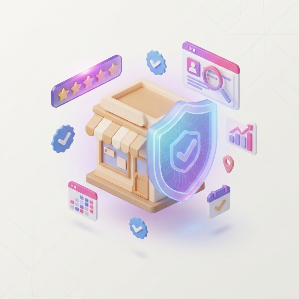 A 3D illustration of a digital trust shield and storefront icon representing website credibility.