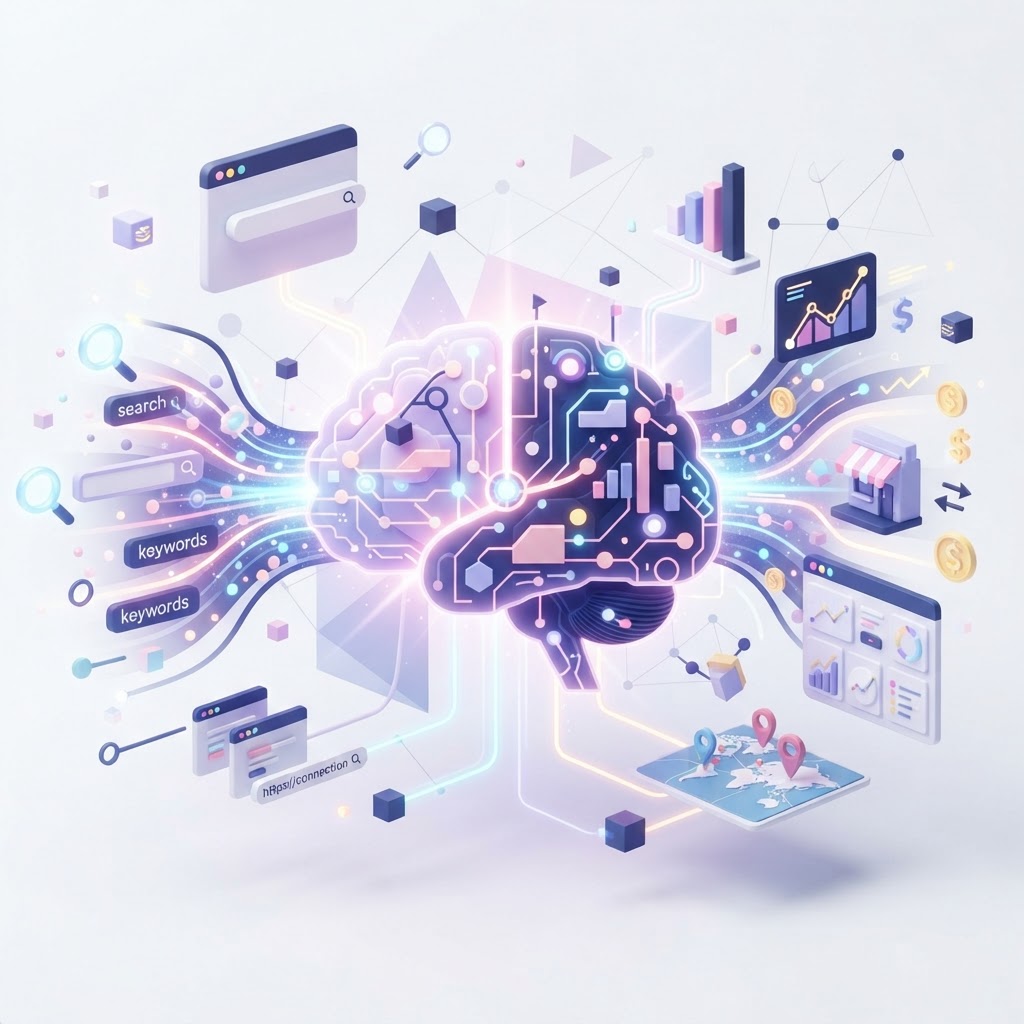 Abstract 3D illustration representing AI search readiness with digital data streams and charts.