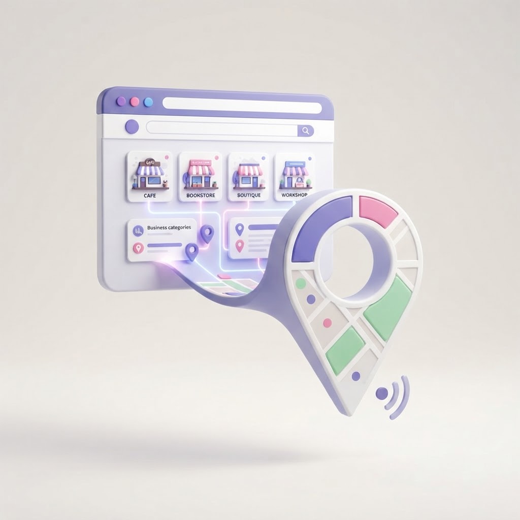 A 3D illustration of a webpage window merging with a map pin, representing single-page local SEO.