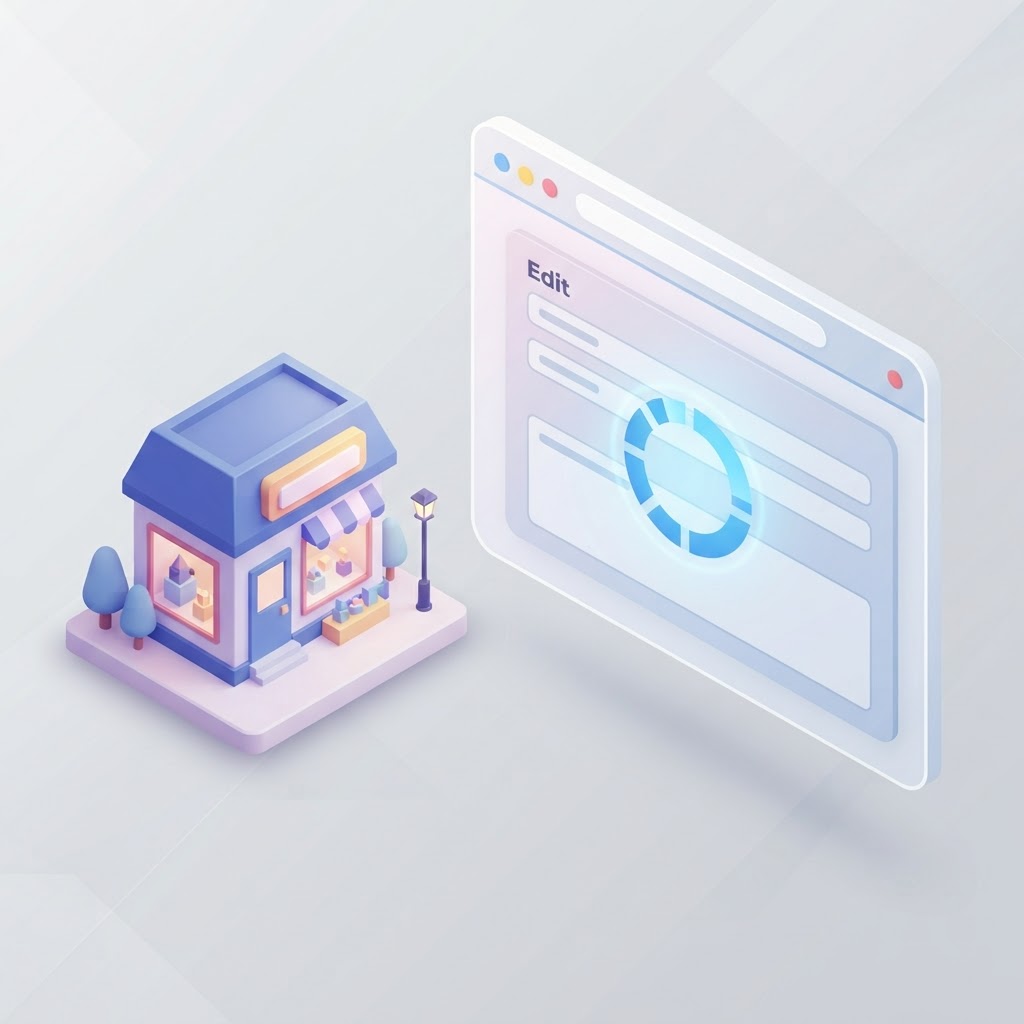A 3D icon of a storefront next to a browser window with a loading indicator.