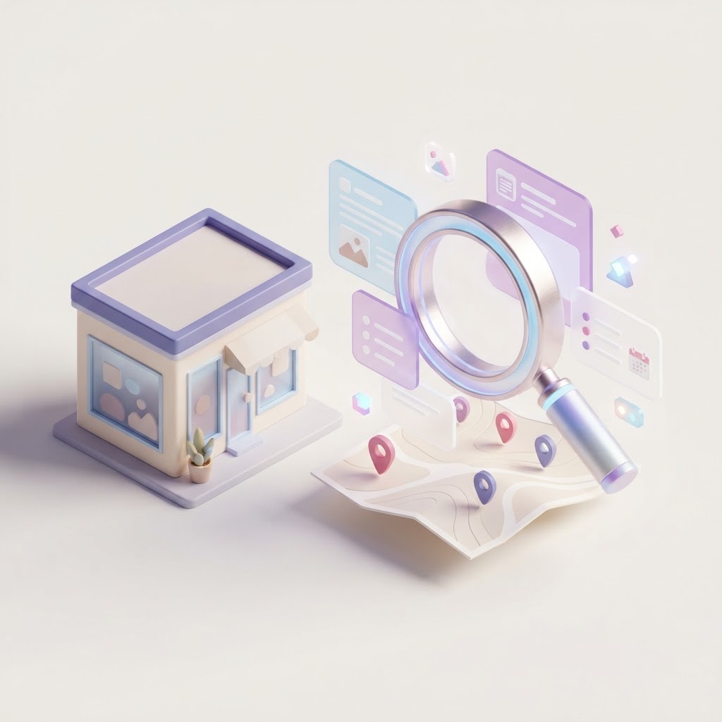 A 3D illustration showing a storefront next to a magnifying glass and local map for SEO analysis.