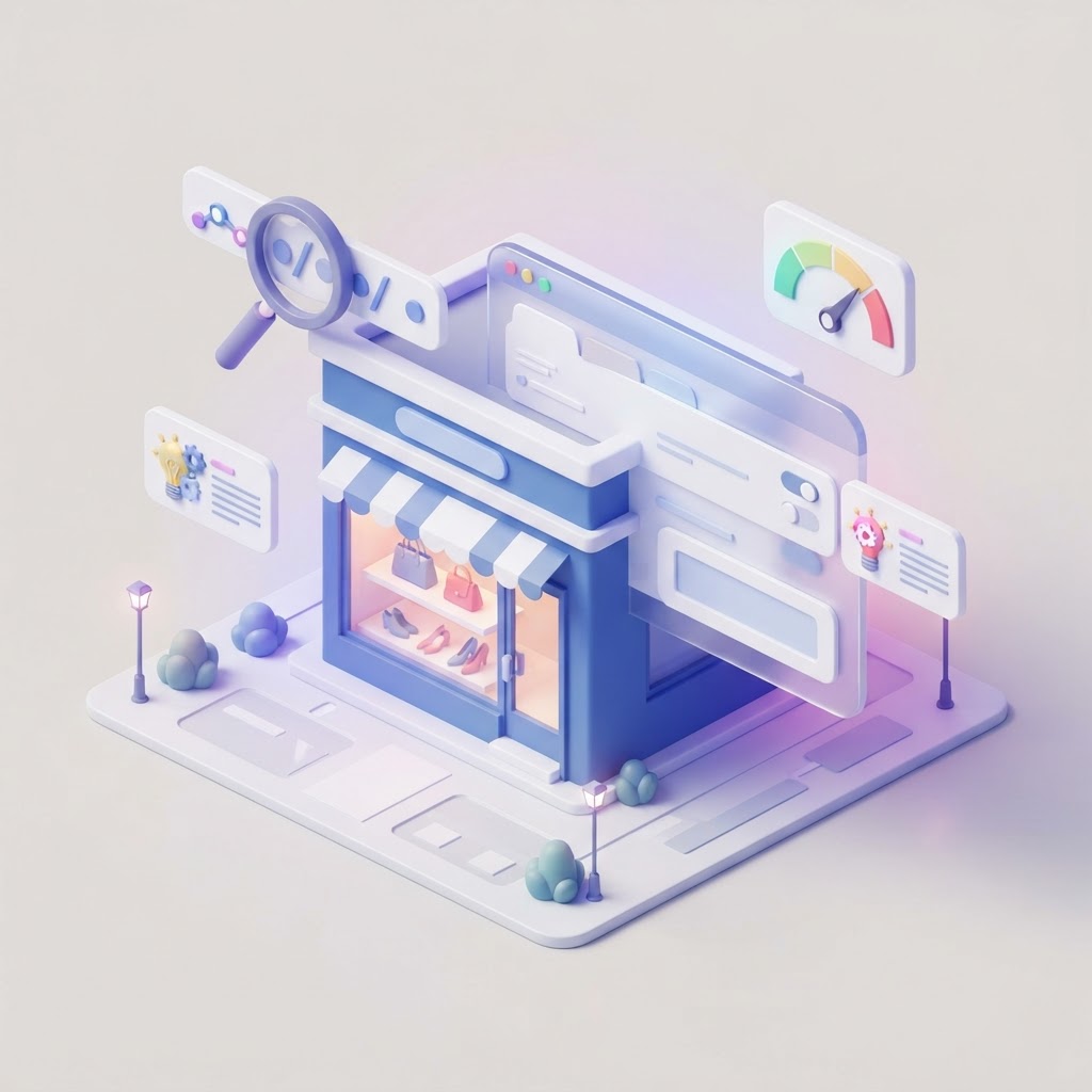 A 3D graphic showing a small storefront icon interacting with browser settings and a speed gauge.