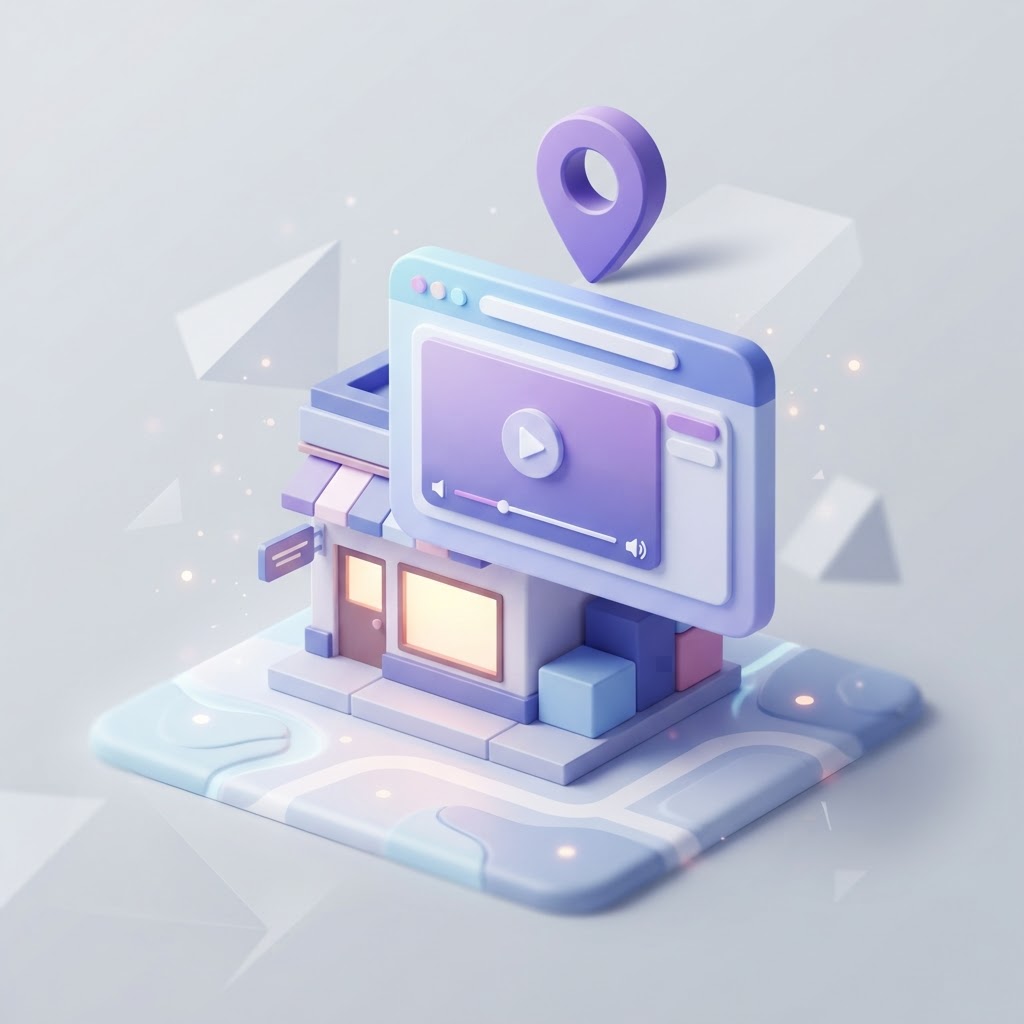 A 3D graphic showing a local shop icon with a video player and location pin representing local SEO.