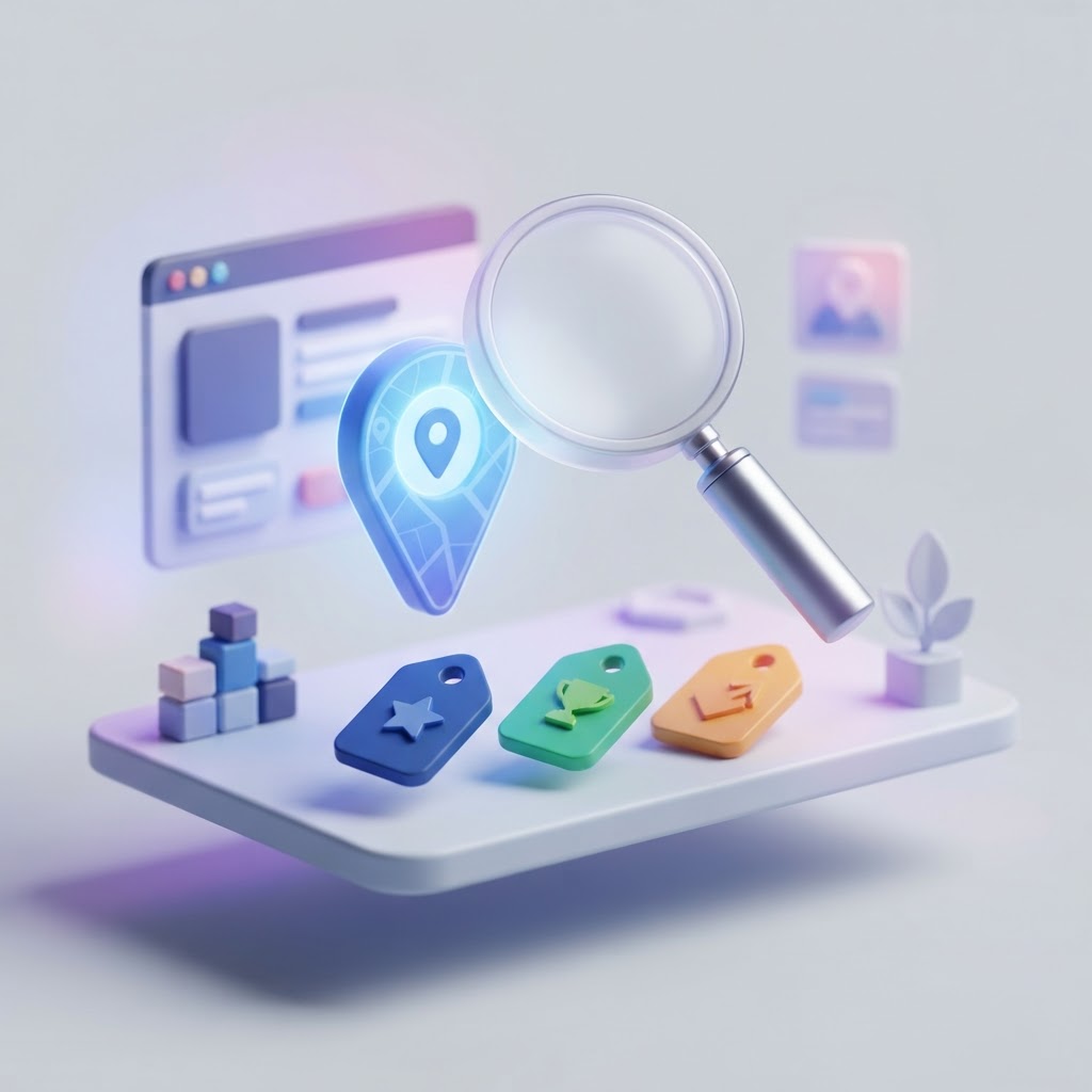 A magnifying glass inspecting floating map pins and abstract tags representing SEO modifiers.
