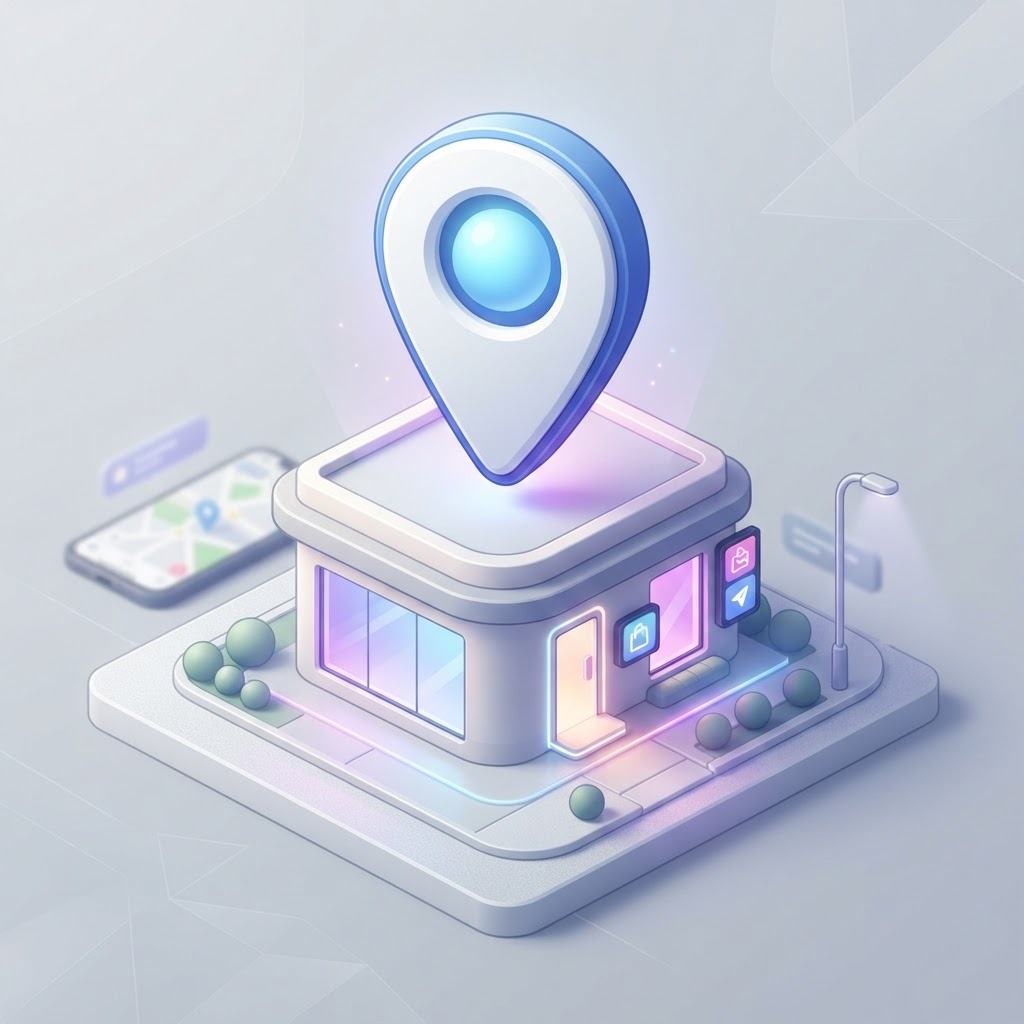 An isometric 3D icon of an Apple Maps location pin hovering over a stylized local business building.