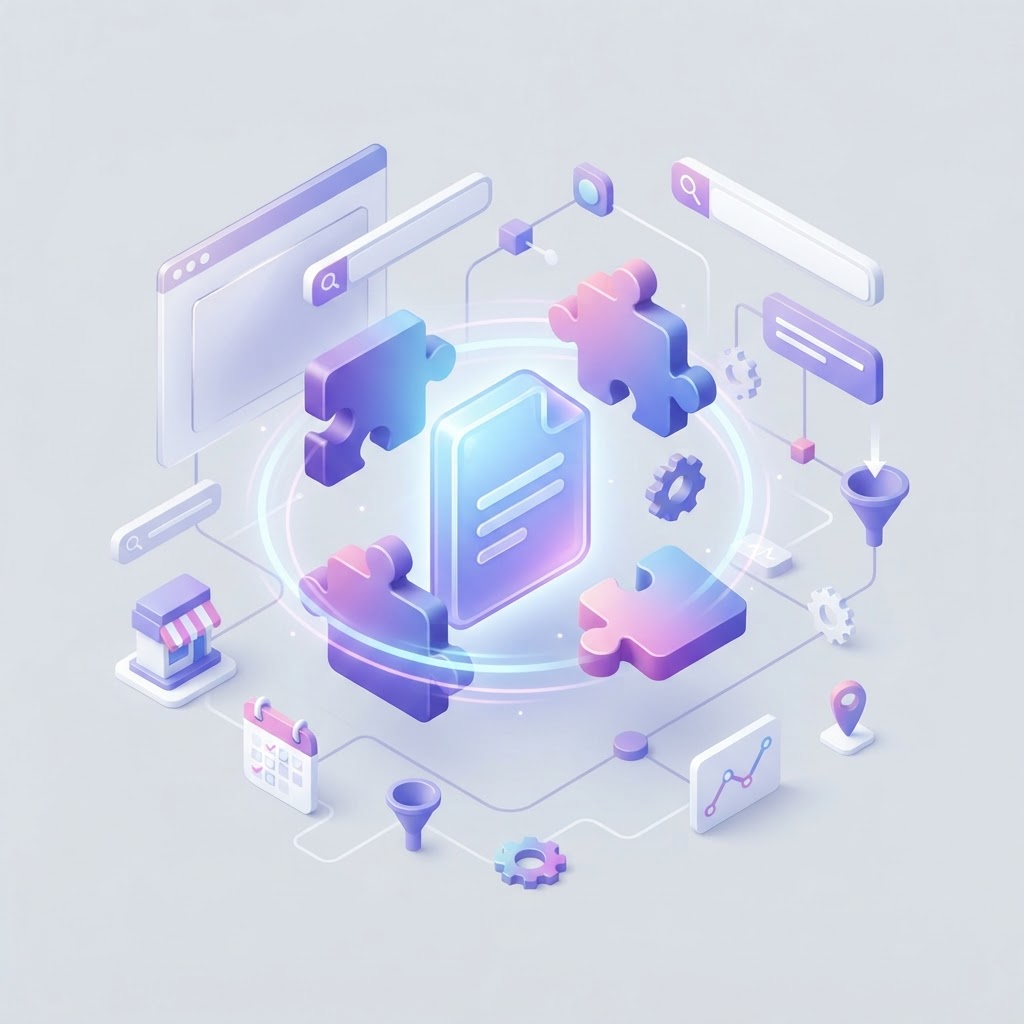 A 3D graphic showing connected content pieces forming a central authority node.