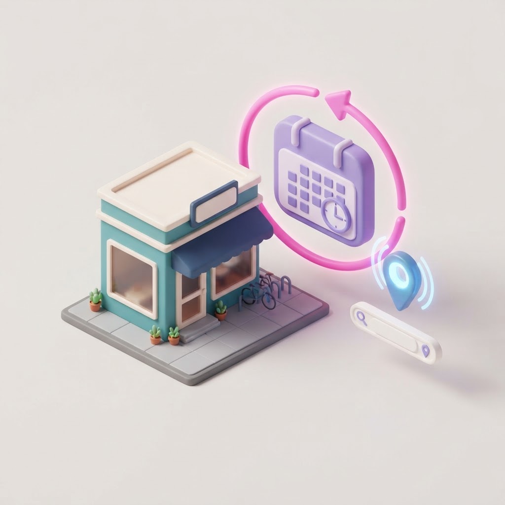 A 3D isometric storefront icon paired with a digital calendar and map pin for local SEO.