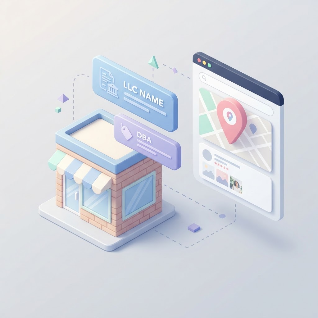 A 3D illustration of a storefront with two name labels near a digital map pin.