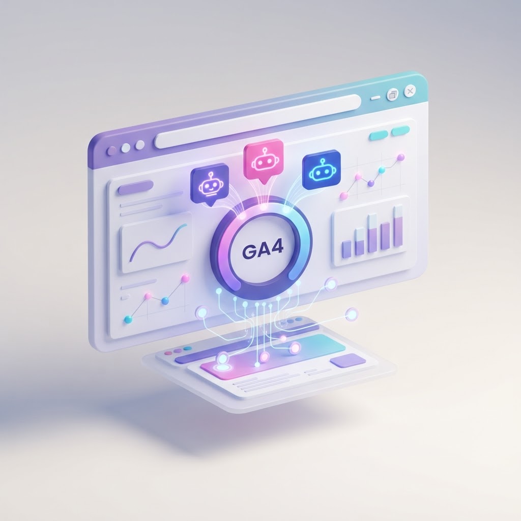 A 3D illustration of a digital analytics dashboard receiving data from three glowing AI nodes.