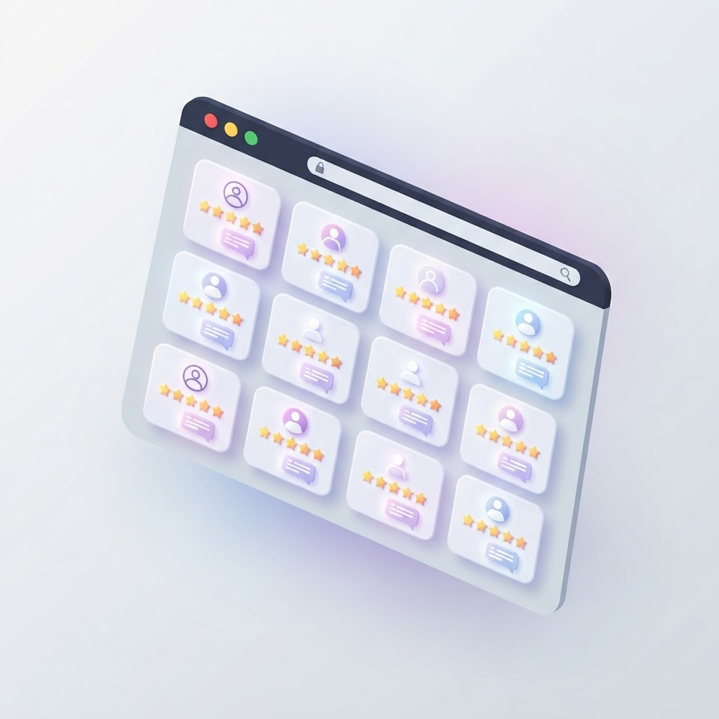 A 3D interface showing a grid of customer testimonial cards on a clean background.