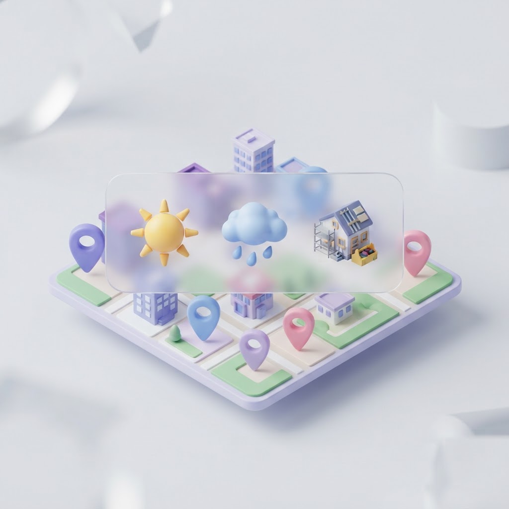 A 3D isometric illustration of a local map with weather icons and a house icon for local SEO.