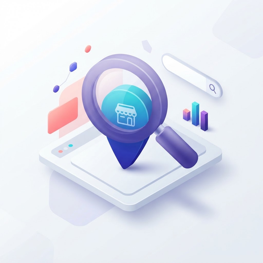 A 3D magnifying glass examining a business map pin representing local SEO visibility.