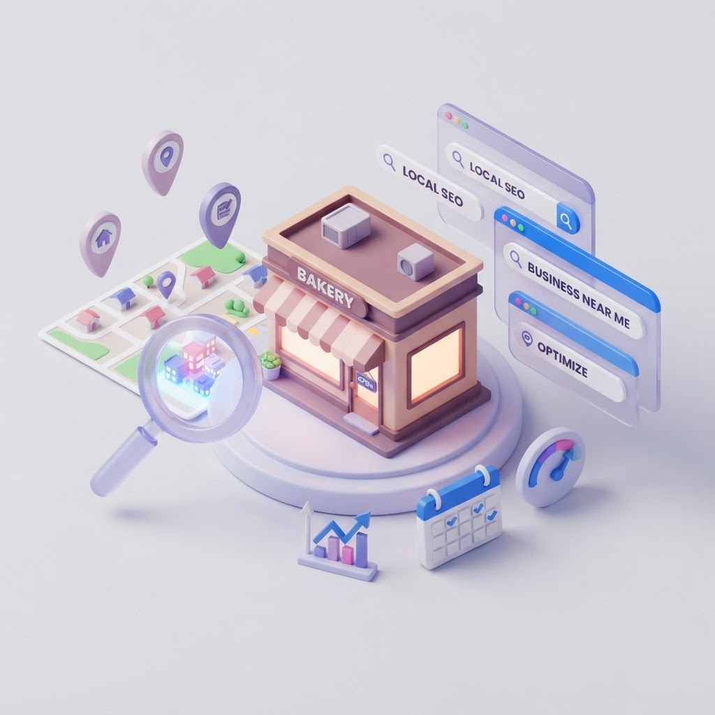 Isometric storefront icon surrounded by map pins and a magnifying glass for local SEO optimization.