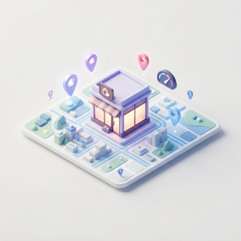 An isometric storefront building icon on a digital map with navigational pins and a speed gauge.