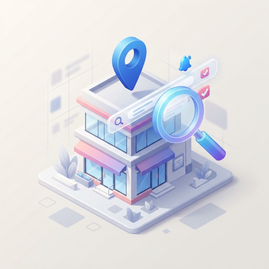 A 3D graphic showing a map pin over a storefront with a magnifying glass examining search results.
