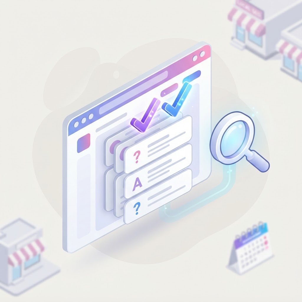 A 3D browser window with organized question cards and search elements representing FAQ optimization.