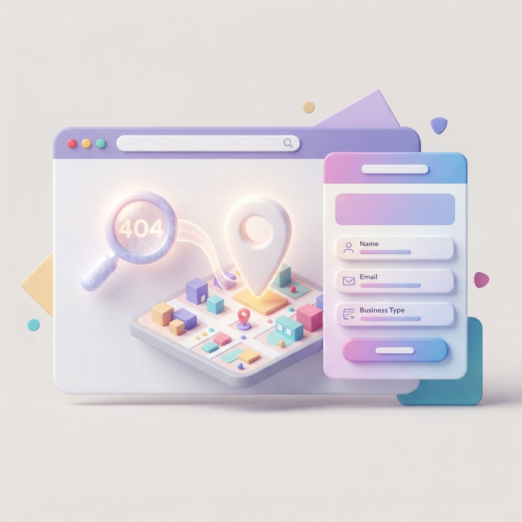 A 3D illustration of a browser 404 page transforming into a local map pin and lead generation form.