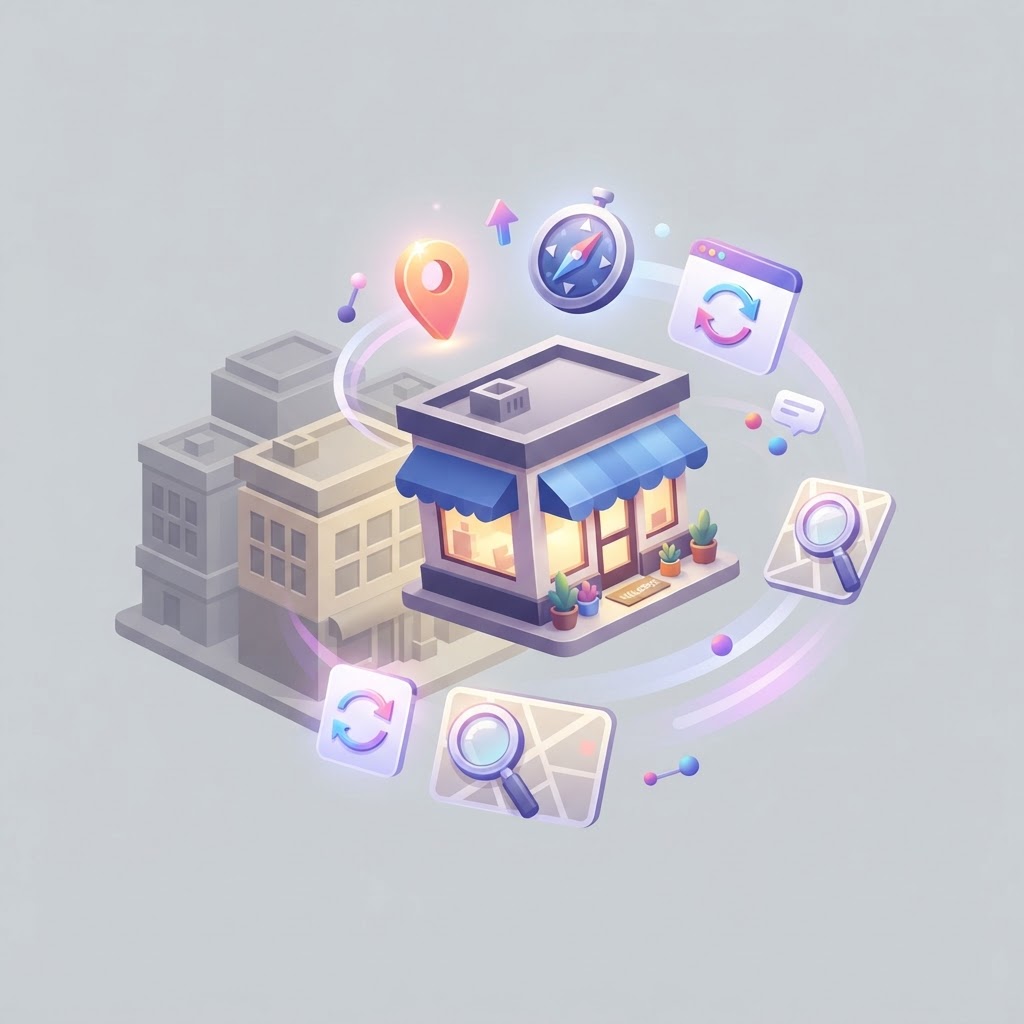 A 3D graphic of an independent storefront separating from a group, symbolizing a business rebrand.