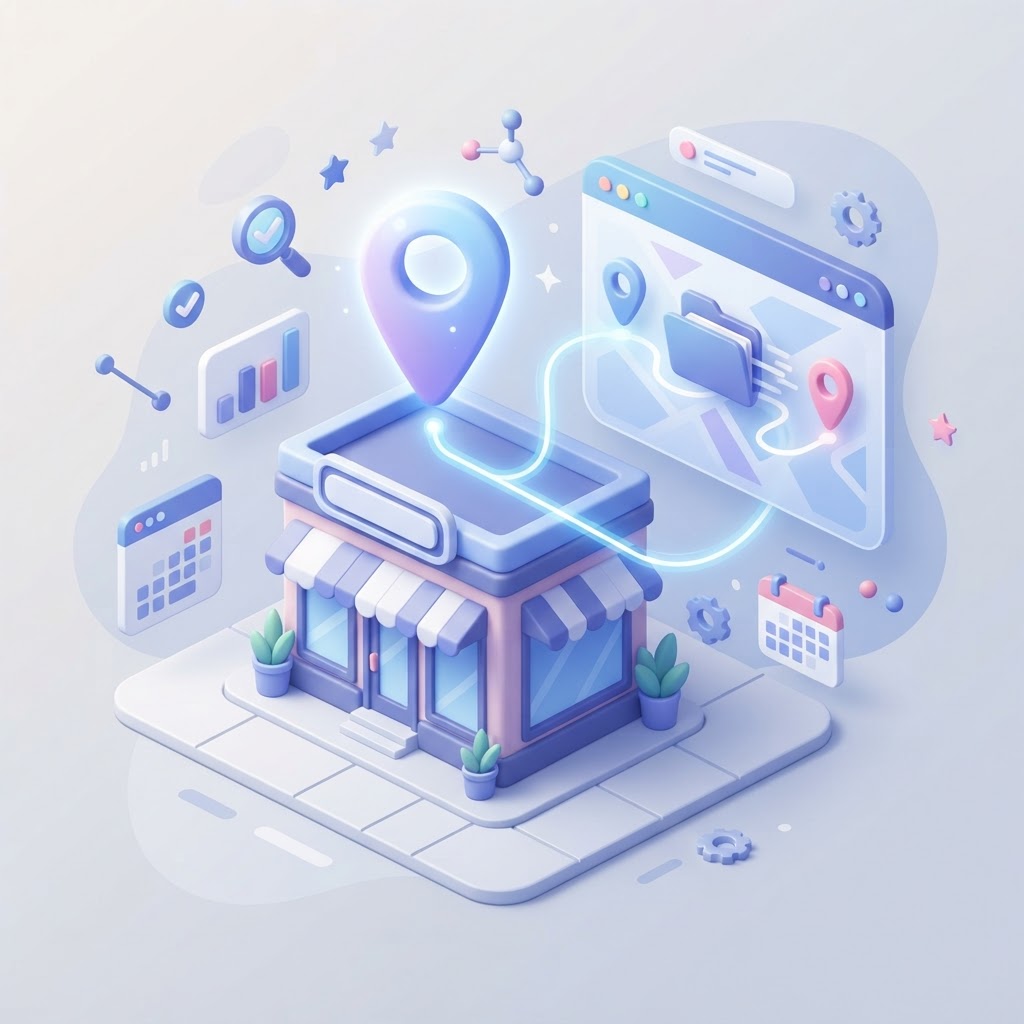 A 3D illustration of a storefront building with a location pin moving between two map markers.