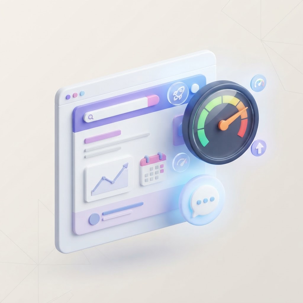 A web browser interface featuring a chat widget and a performance speed gauge.