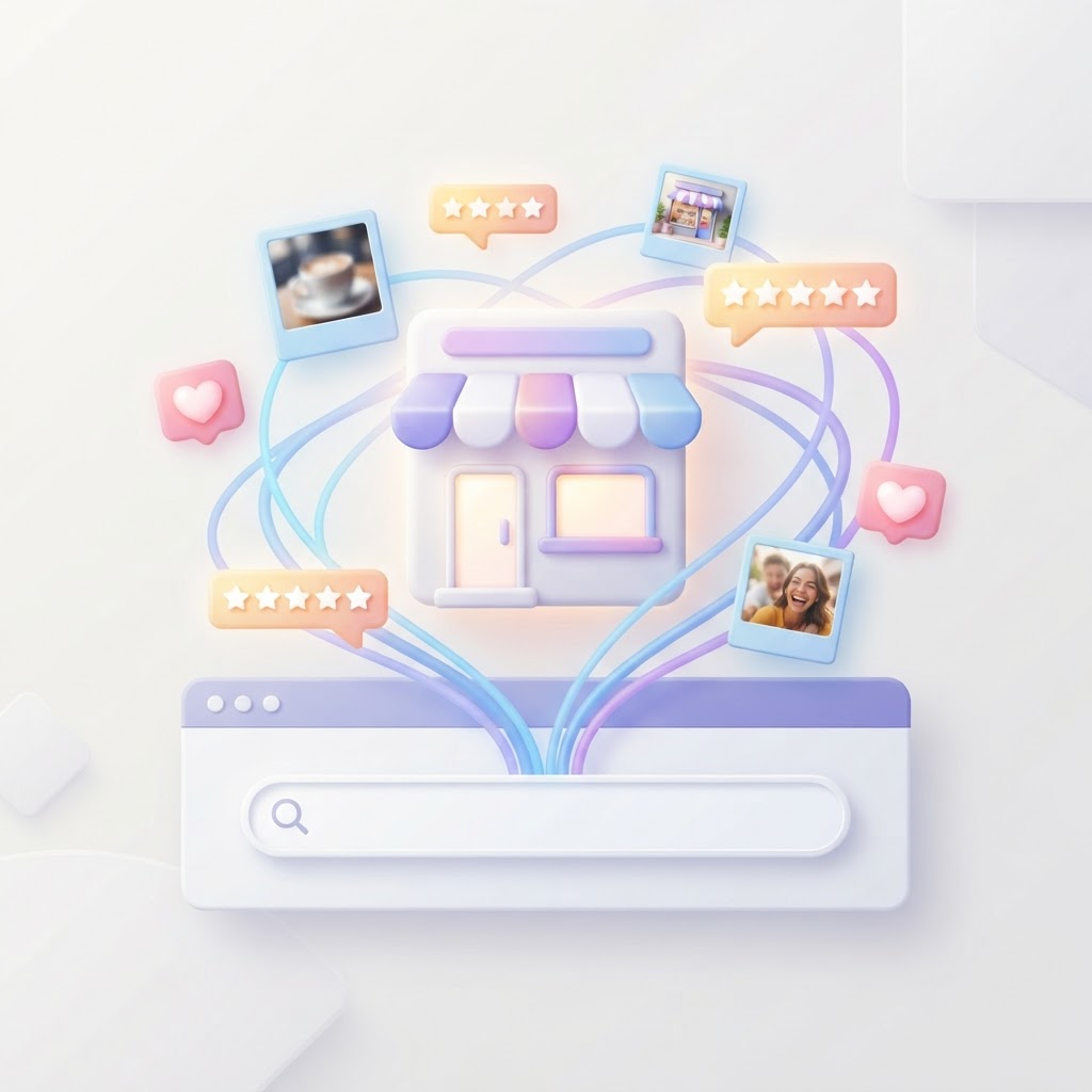 A 3D graphic showing a small business storefront with floating review stars and photo icons.