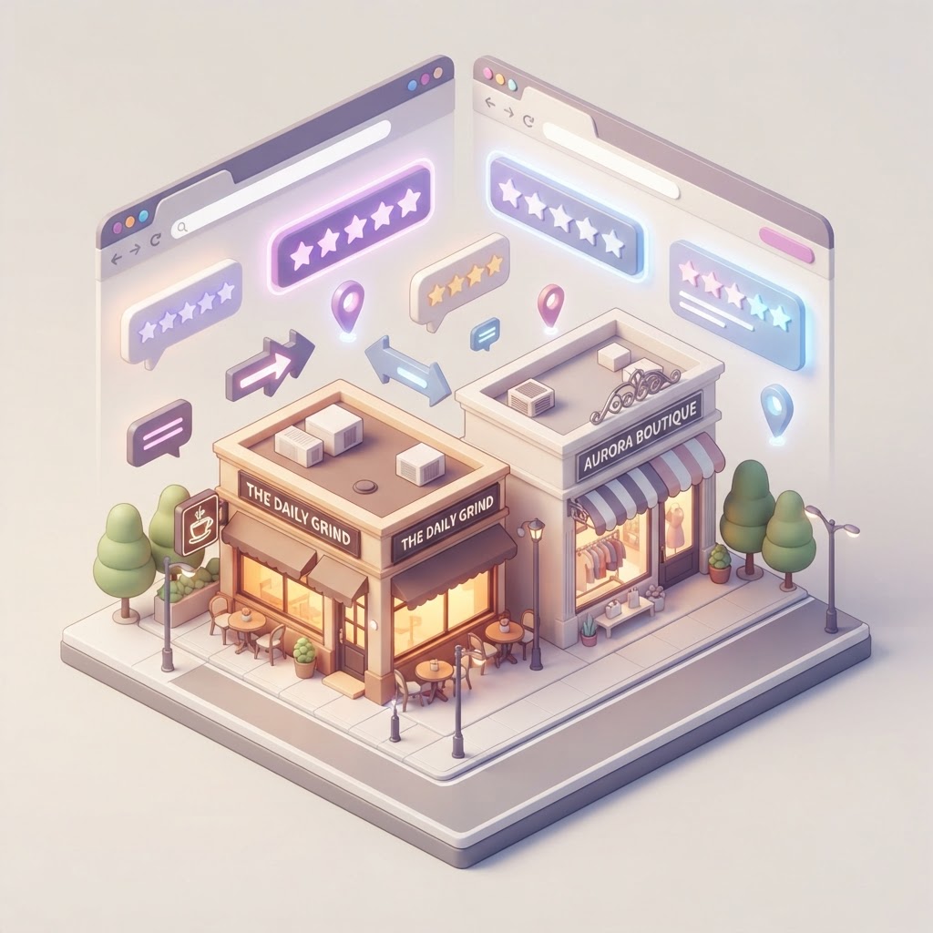 An isometric illustration showing a local café and retail shop with floating star rating icons.