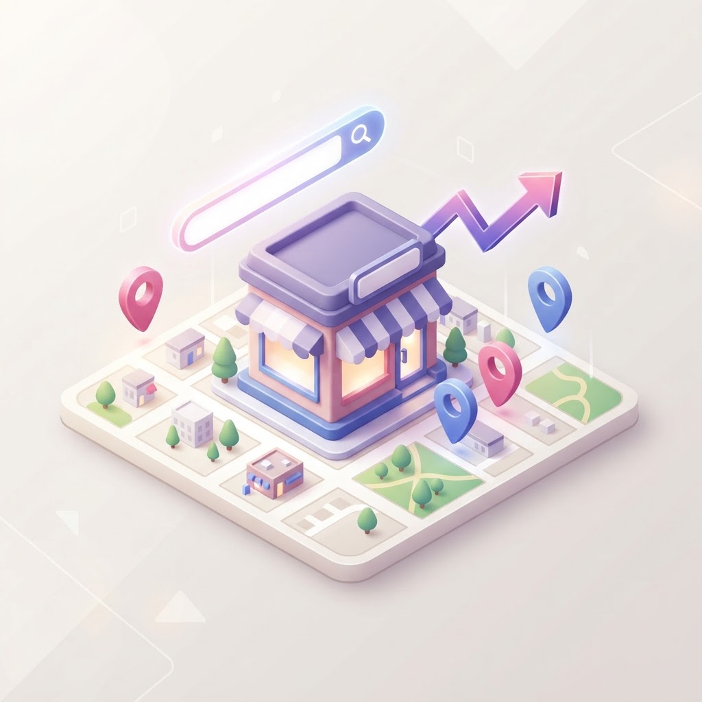 A 3D map interface with a local storefront icon and floating SEO-themed graphics.