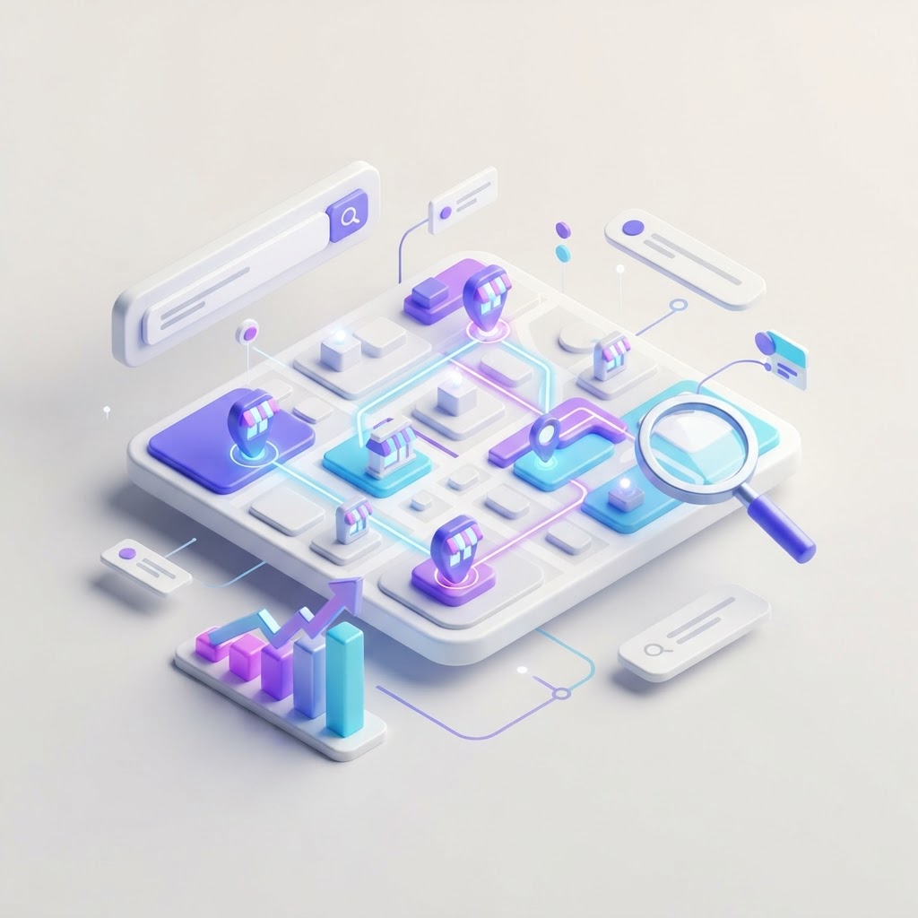 An isometric 3D map with location markers and UI elements representing multi-location SEO.