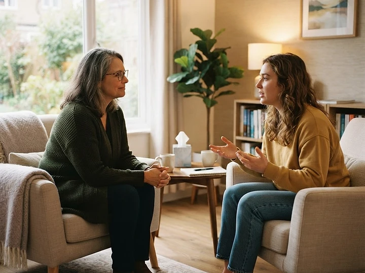 Patient in conversation with their mental health therapist in residential treatment