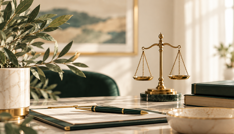 How does divorce mediation work in New Mexico — elegant green and gold scales of justice on a marble desk with law books — Heralia Legal