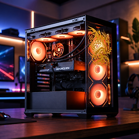 The Horizon PCs custom gaming desktop with amber RGB and gold dragon etching