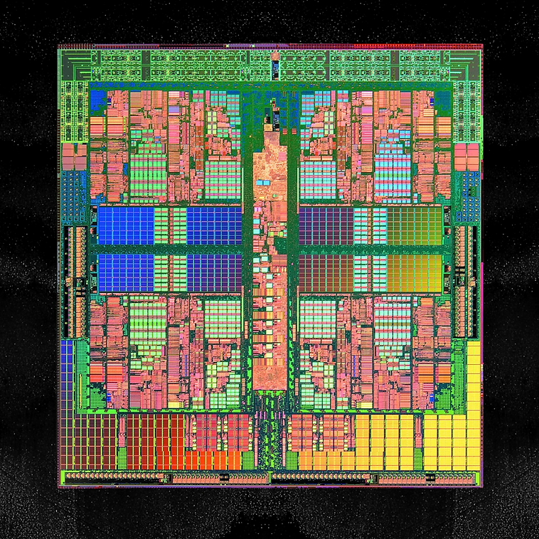 Microscopic die shot of a high-performance CPU