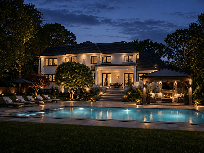Luxury transitional residence at dusk over a lit pool on Long Island, New York