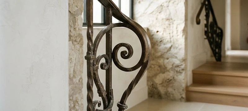 Detail of stucco, natural stone and large format tile beside a bronze stair railing